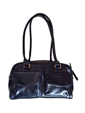 Black Double-Pocket Shoulder Bag with Gold Accent